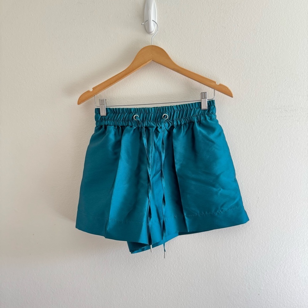 NWT Sandro Hoki Satin Silk Blend Teal Wide Leg High Waist Shorts size Small 36 - Picture 4 of 10